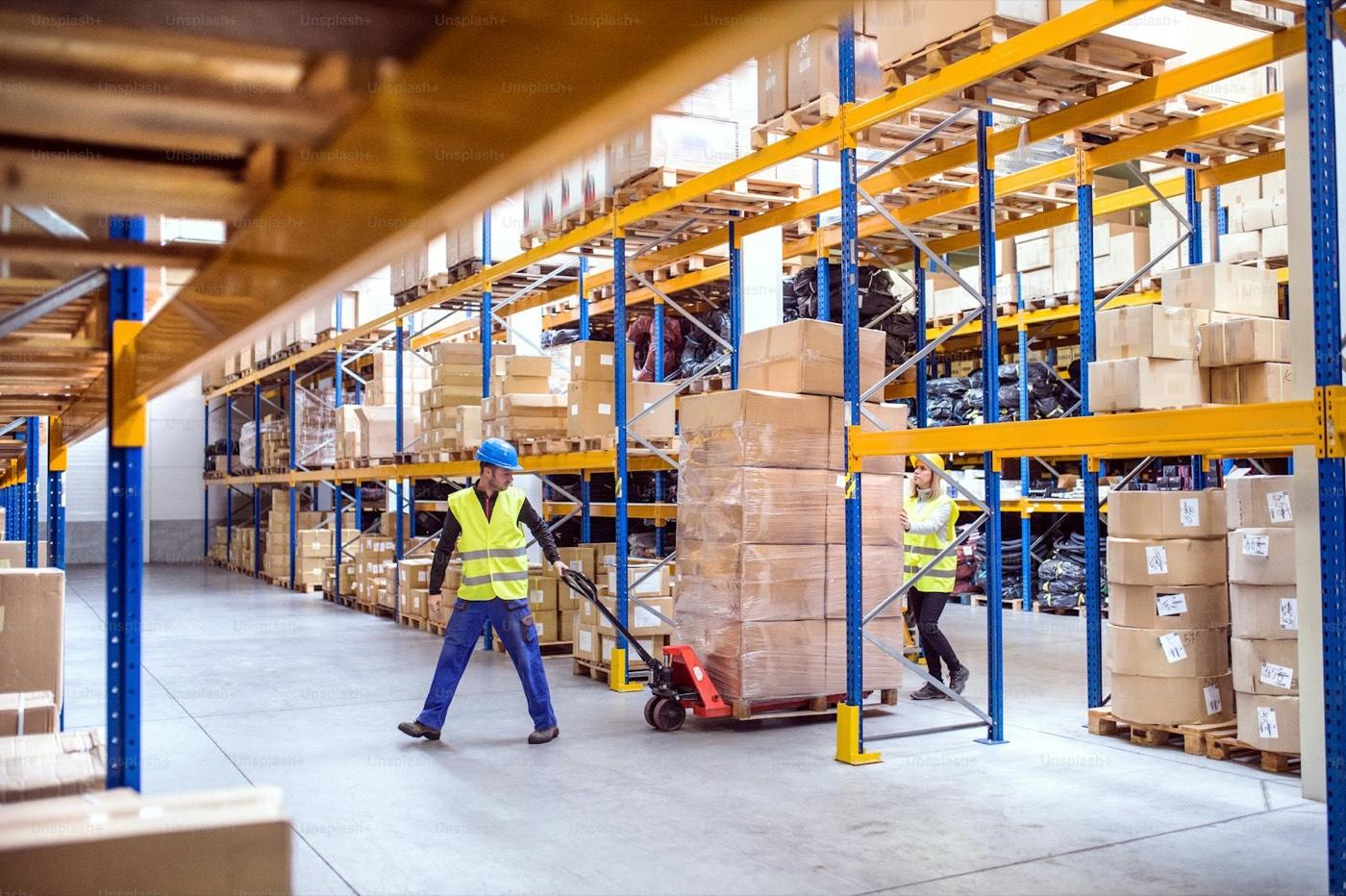 Warehouse workers moving a loaded pallet on a pallet truck